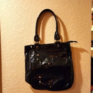 Snake skin print black vinyl shoulder bag